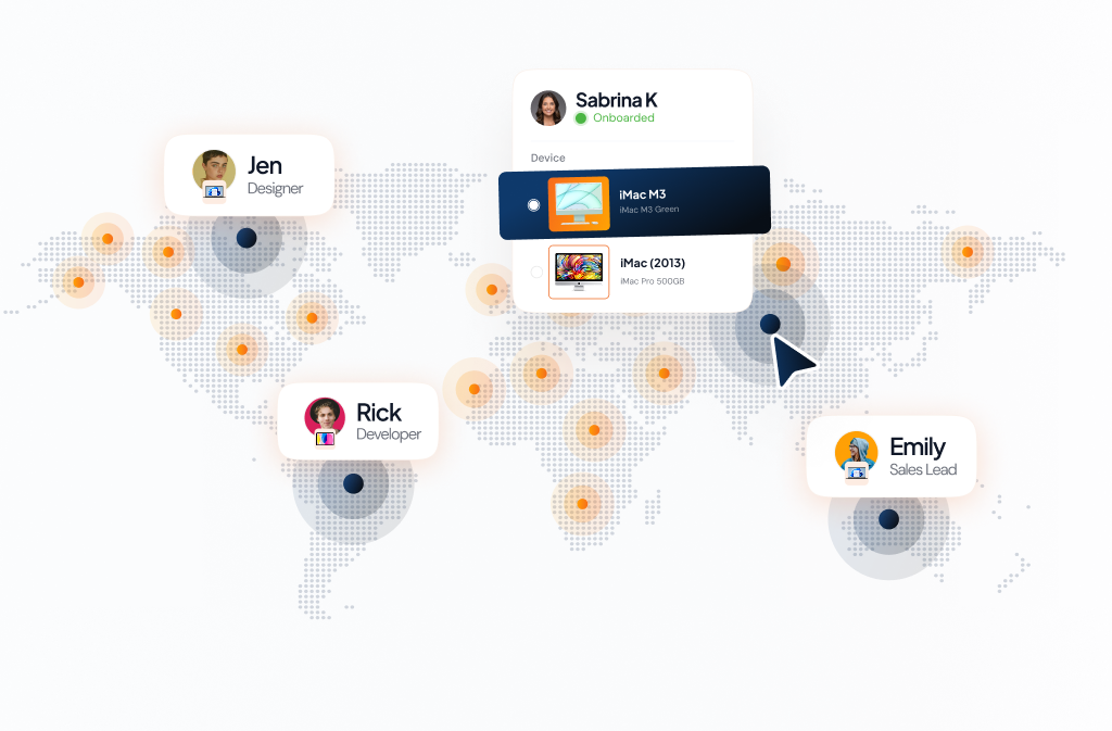 Visual representation of remote team management, displaying globally distributed employees, job roles, onboarding status, and assigned work devices.